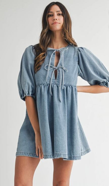 ABLE Dresses & Skirts - NWT ABLE Tie-Front Denim Babydoll Puff Sleeve Mini Dress-Size L
